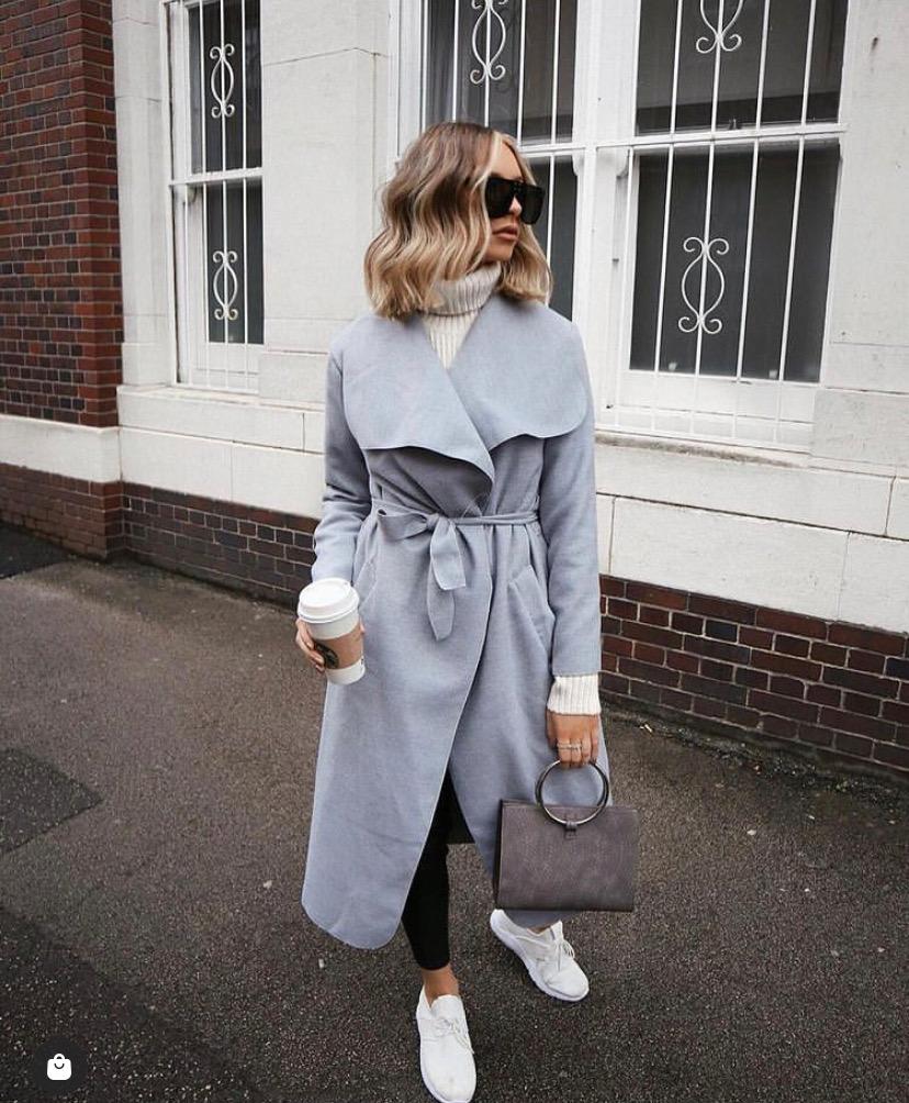 Long coat with self tie belt